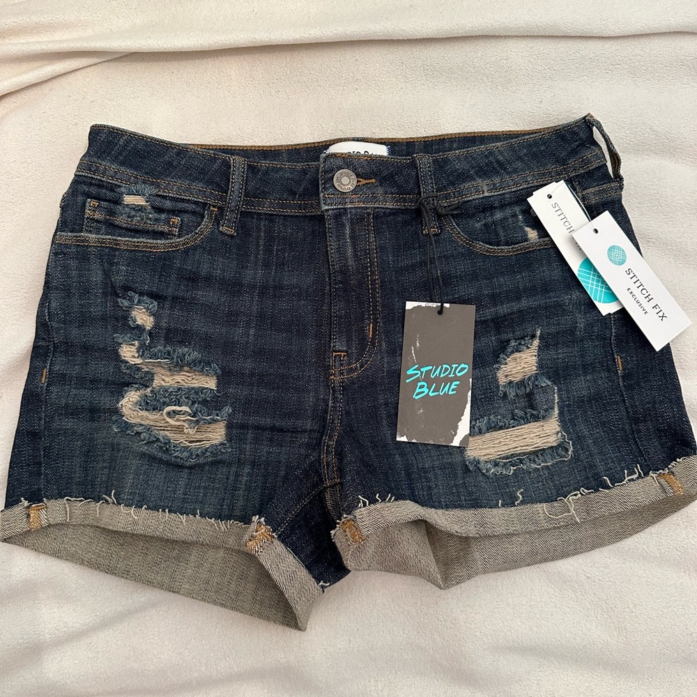 studio blue mid rise dark wash denim shorts